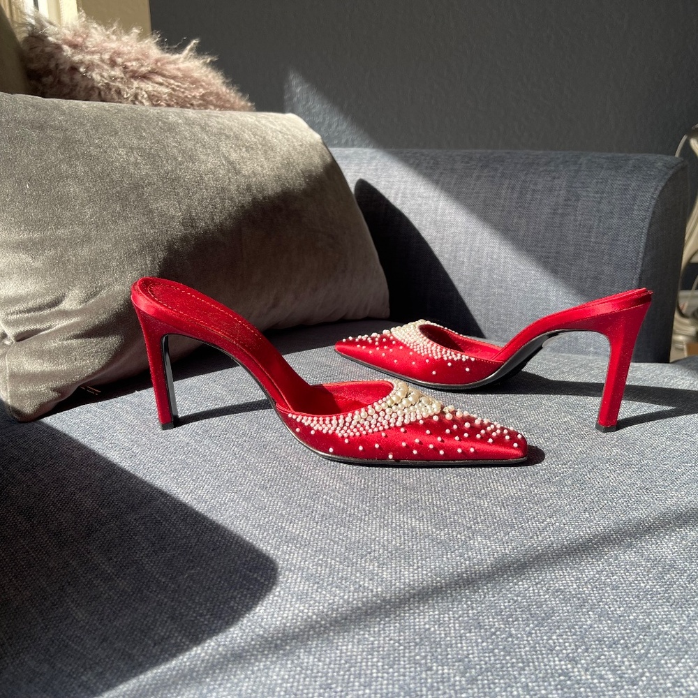 Casadei Red Satin and Pearl Mules size 7 1/2